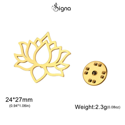 Signa brand gold lotus flower pin. Dimensions are 24 by 27 millimeters (0.94 by 1.06 inches) and it weighs 2.3 grams (0.08 ounces).