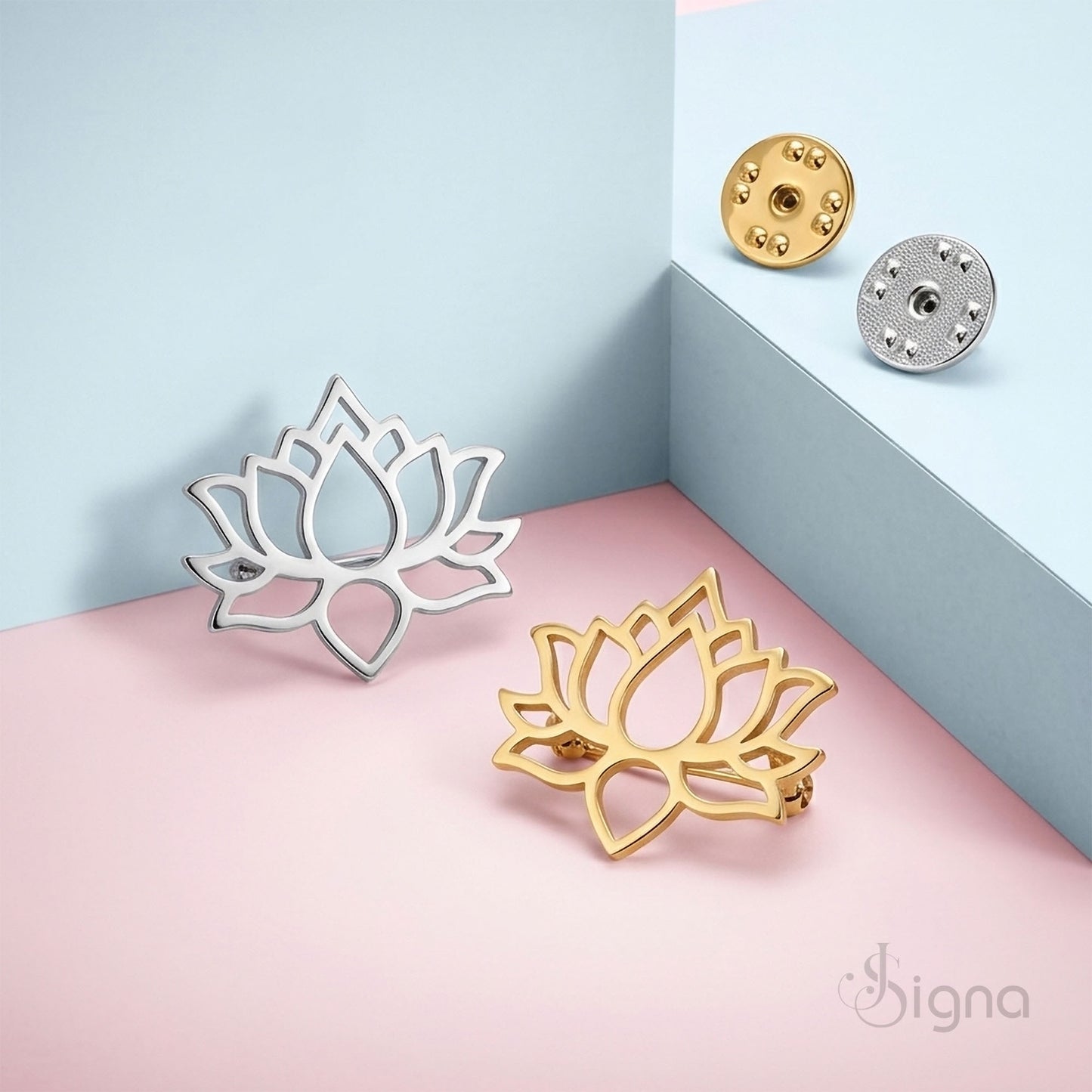 luxury gold and silver lotus brooch by signa with pin clasp closure