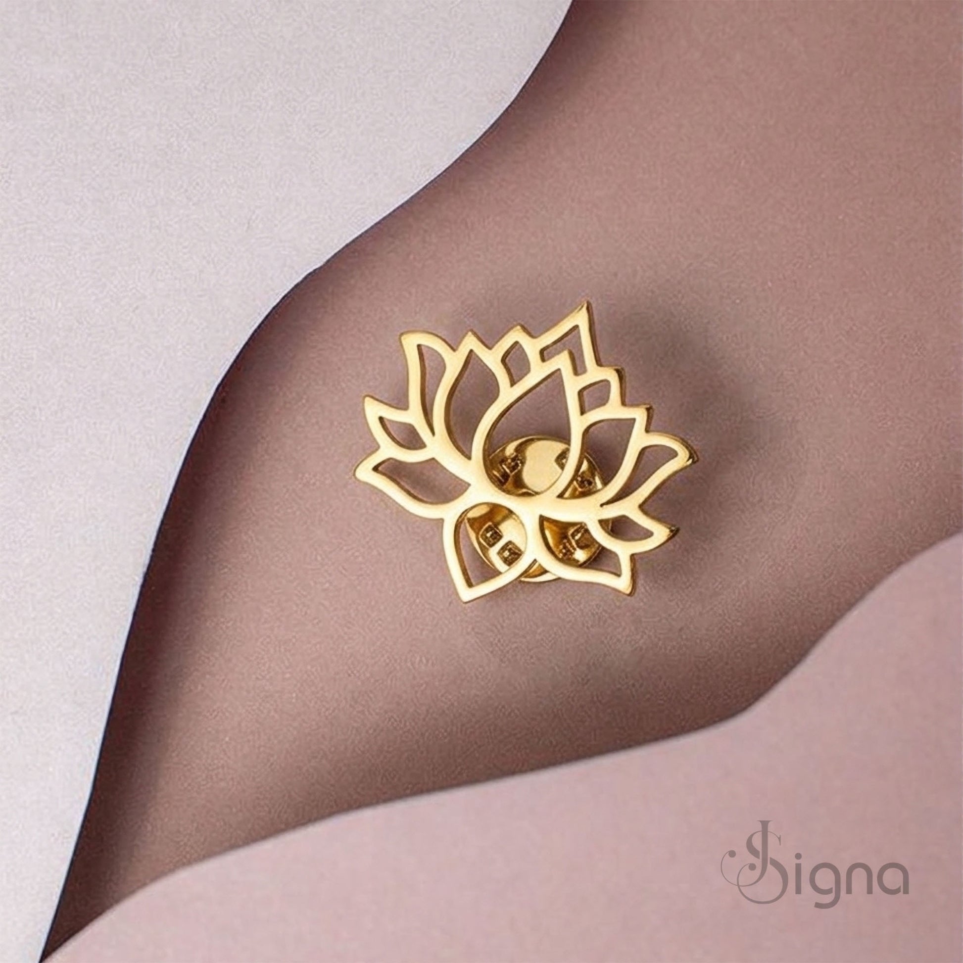 Signa lotus brooch back side showing butterfly clutch pin closure