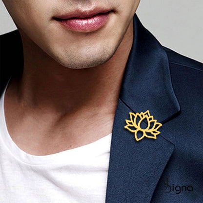 Minimalist lotus brooch by Signa on formal blazer