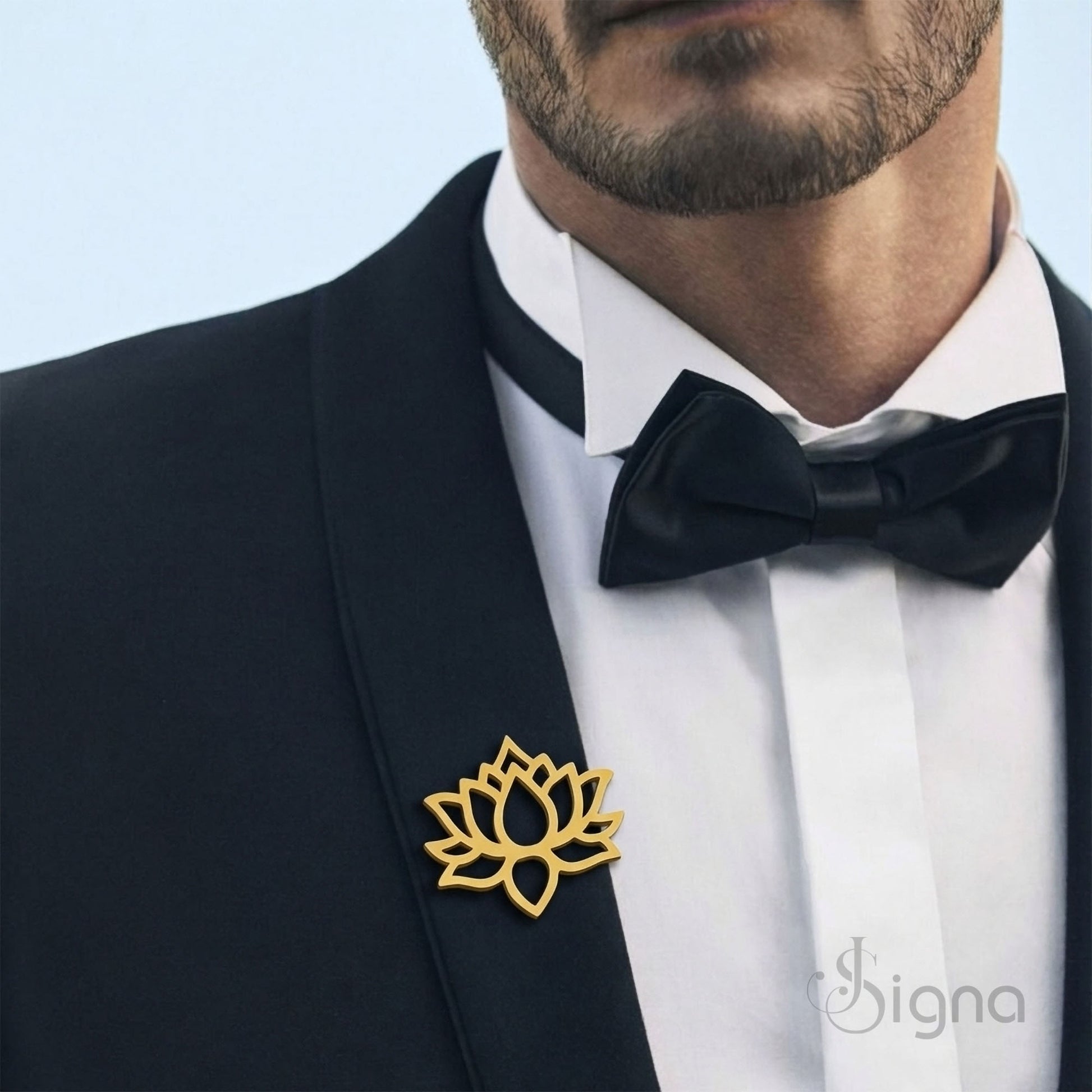 Luxury lotus flower brooch by Signa on black suit lapel
