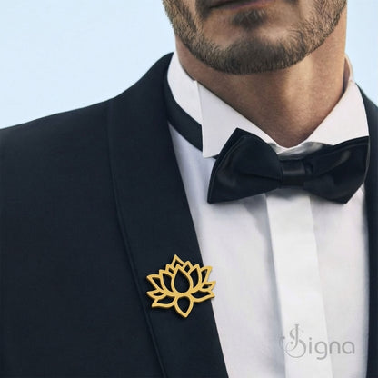 Luxury lotus flower brooch by Signa on black suit lapel