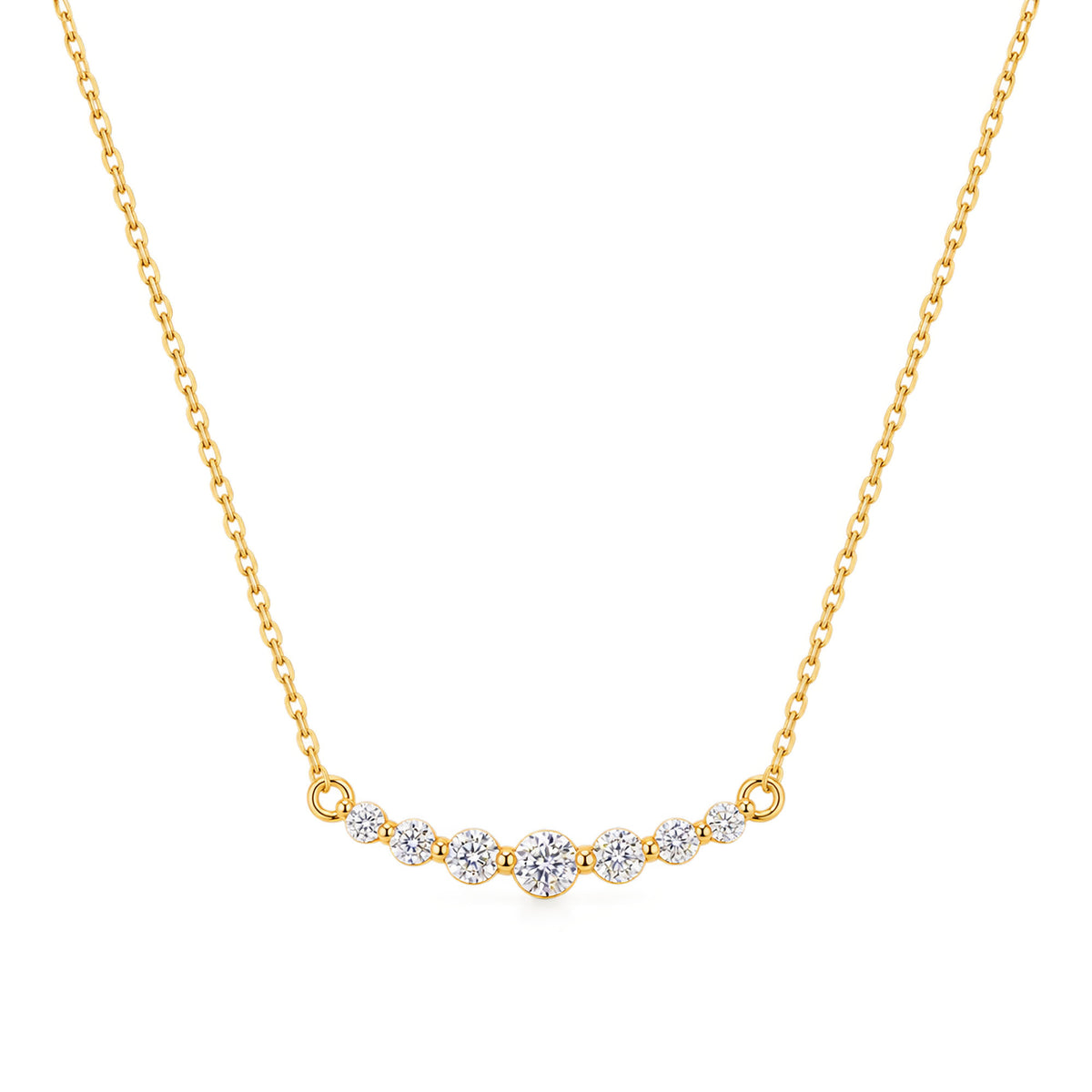 A delicate gold chain necklace featuring a curved bar pendant set with five small round-cut clear gemstones, displayed against a solid white background.
