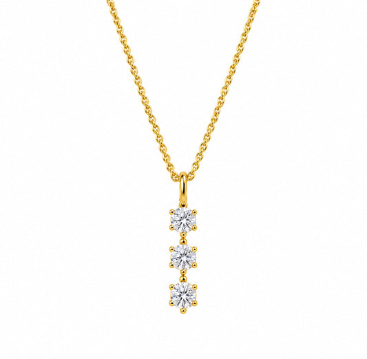 Dainty CZ diamond necklace for women with three stone pendant in 18K gold plating