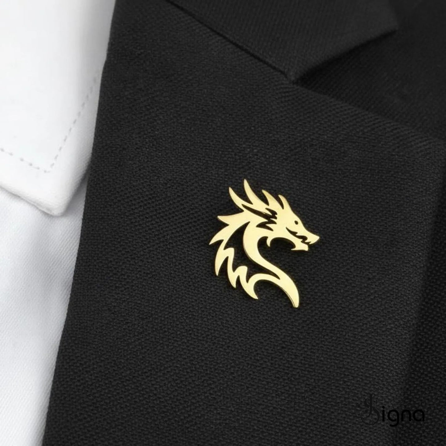 signa™ dragon head lapel pin - gold plated german silver brooch for men