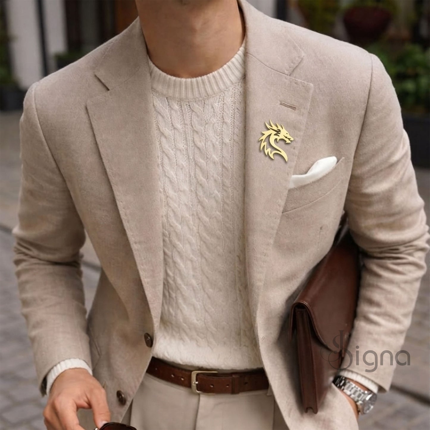 signa™ dragon head lapel pin - gold plated german silver brooch for men