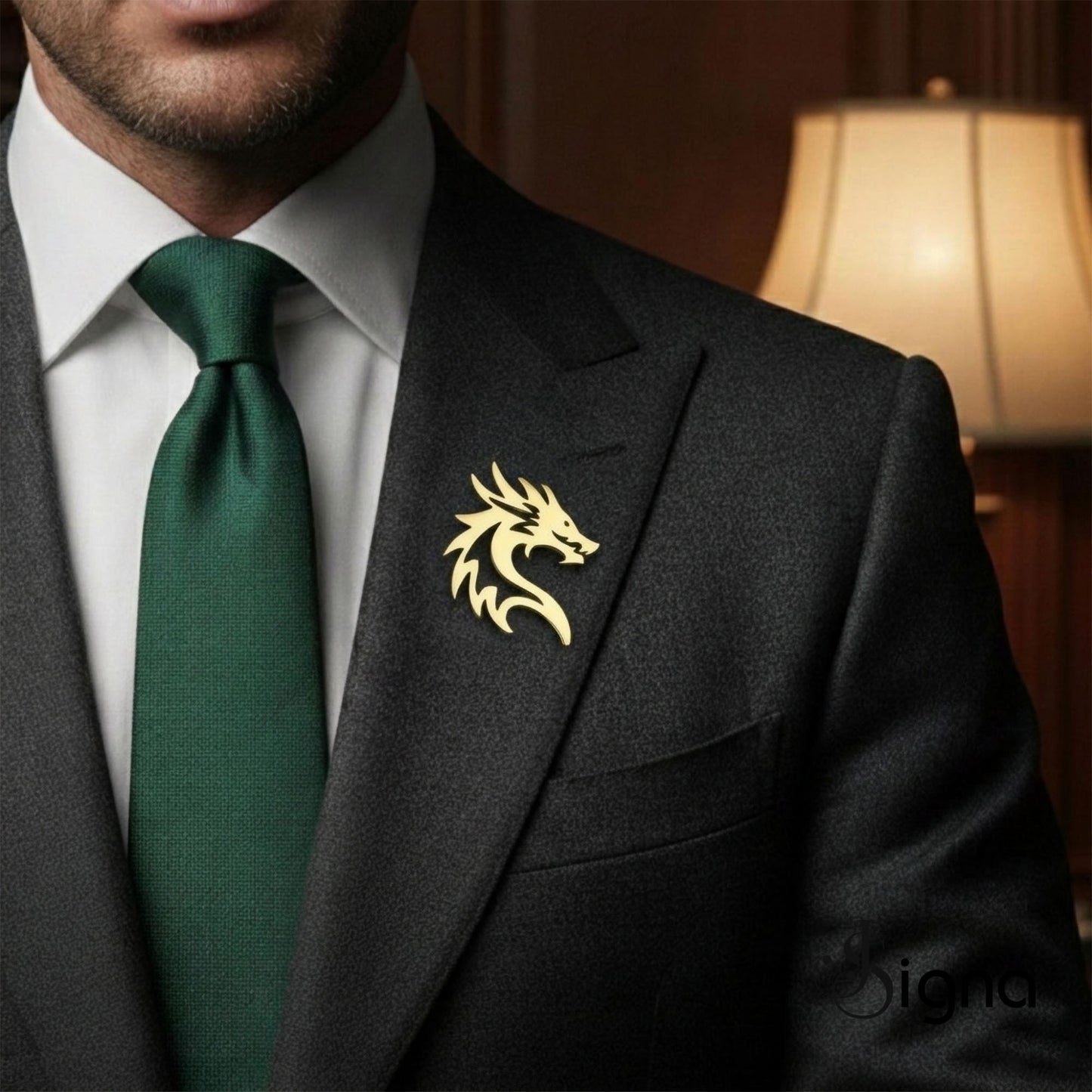 signa™ dragon head lapel pin - gold plated german silver brooch for men