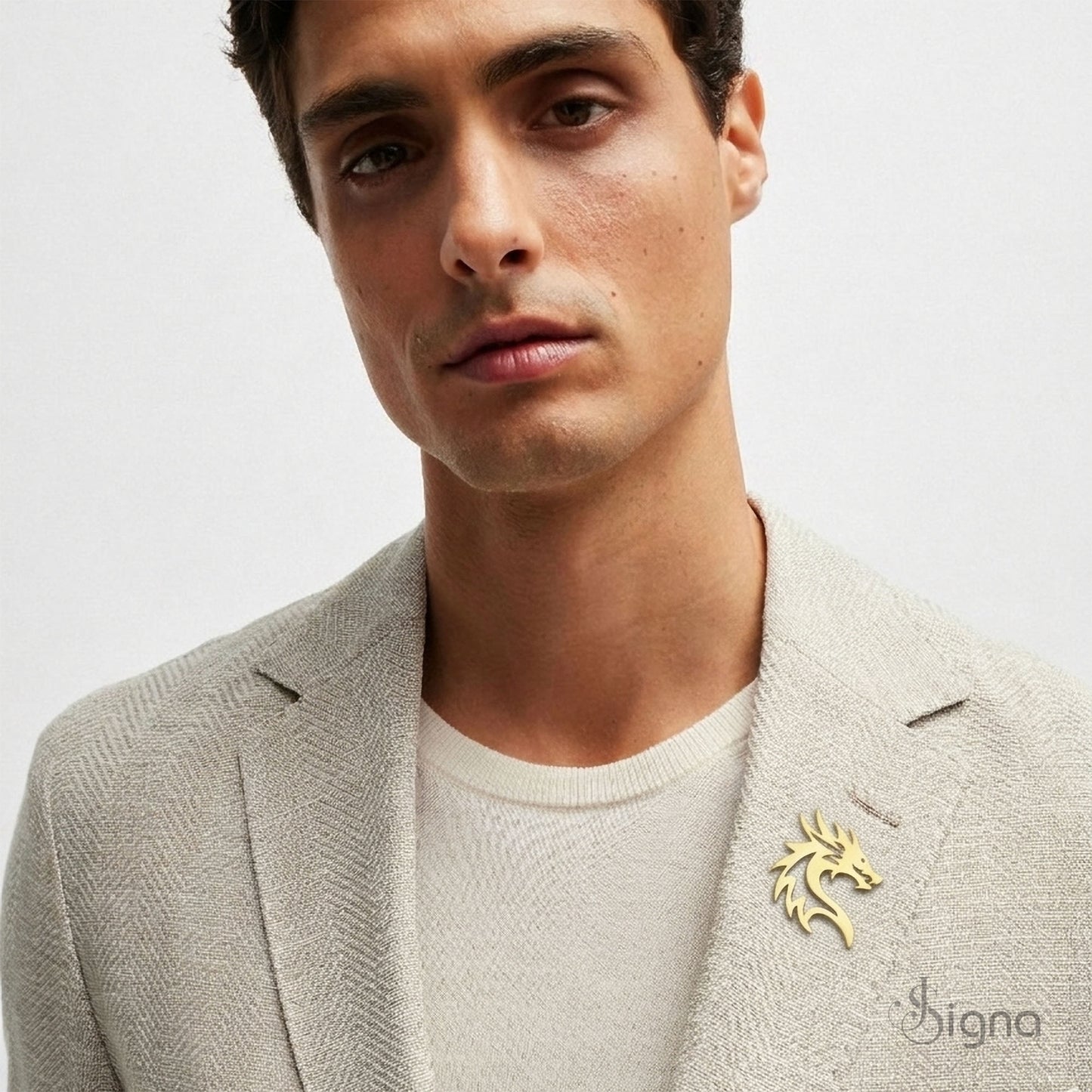 signa™ dragon head lapel pin - gold plated german silver brooch for men