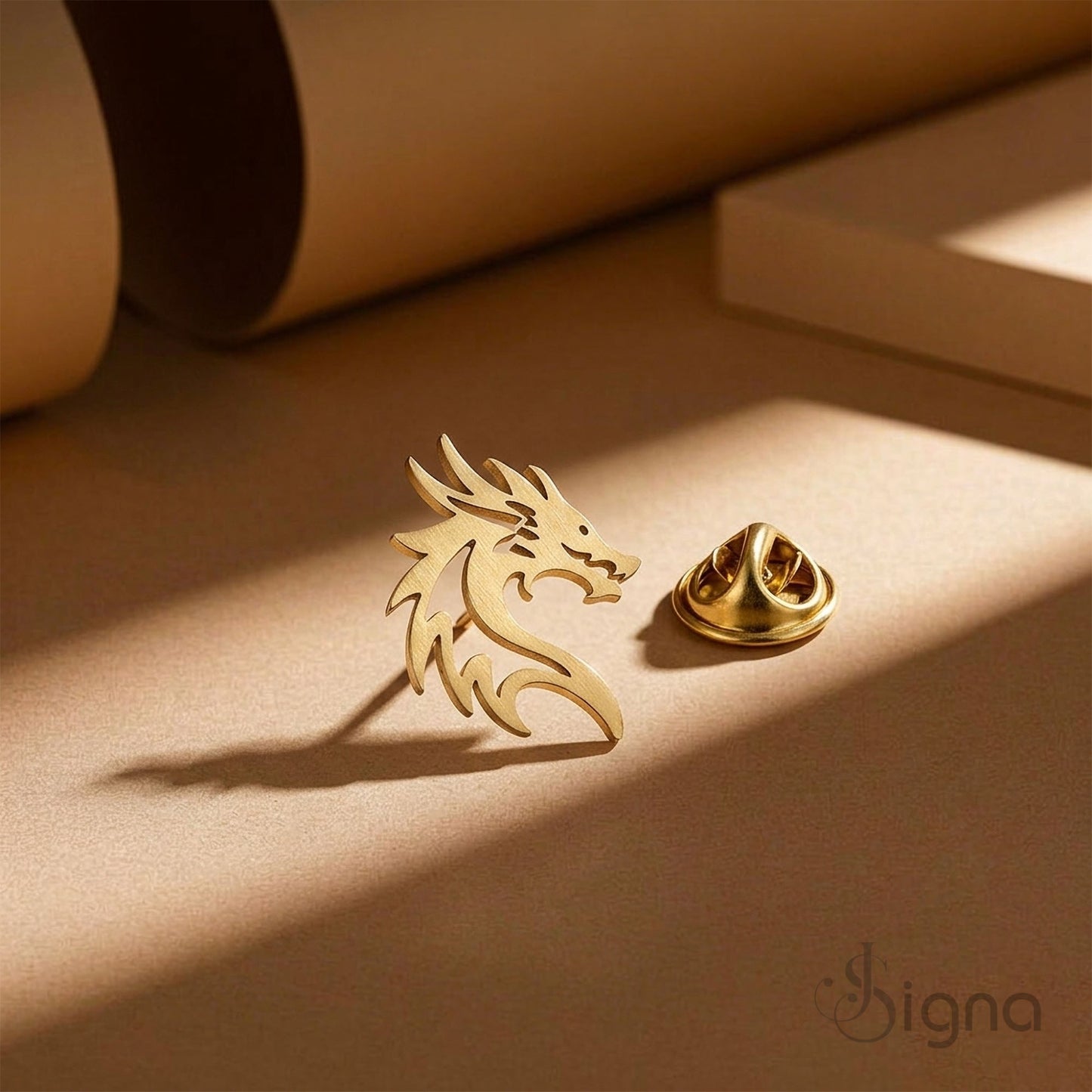 signa™ dragon head lapel pin - gold plated german silver brooch for men