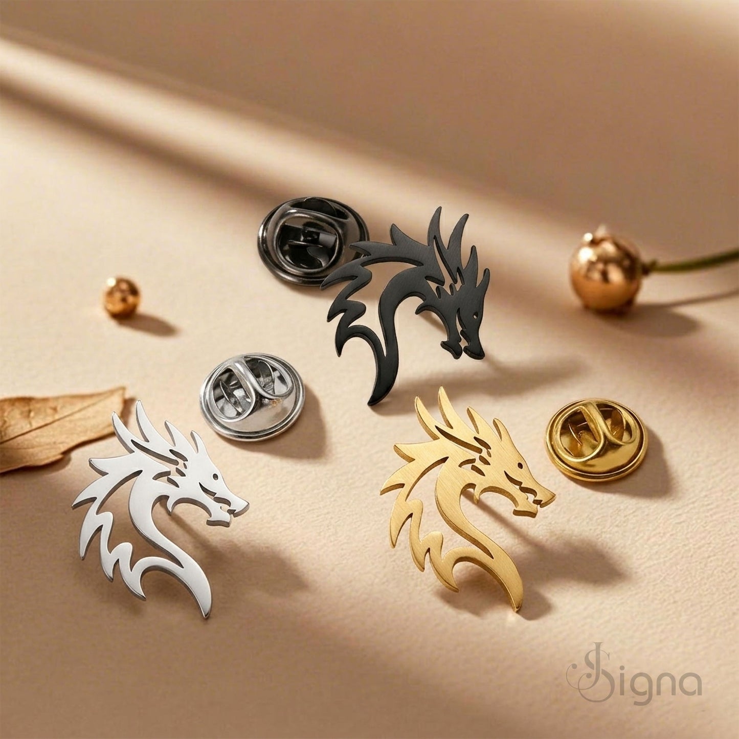 signa™ dragon head lapel pin - gold plated german silver brooch for men