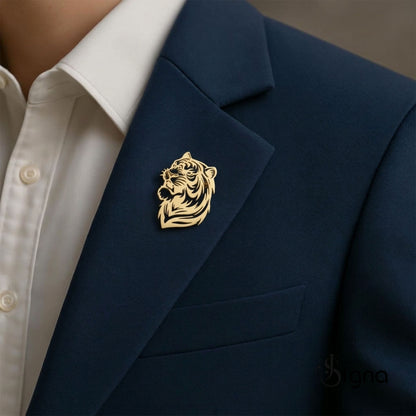 Signa™ Tiger Head Lapel Pin - Gold Plated German Silver Brooch for Men