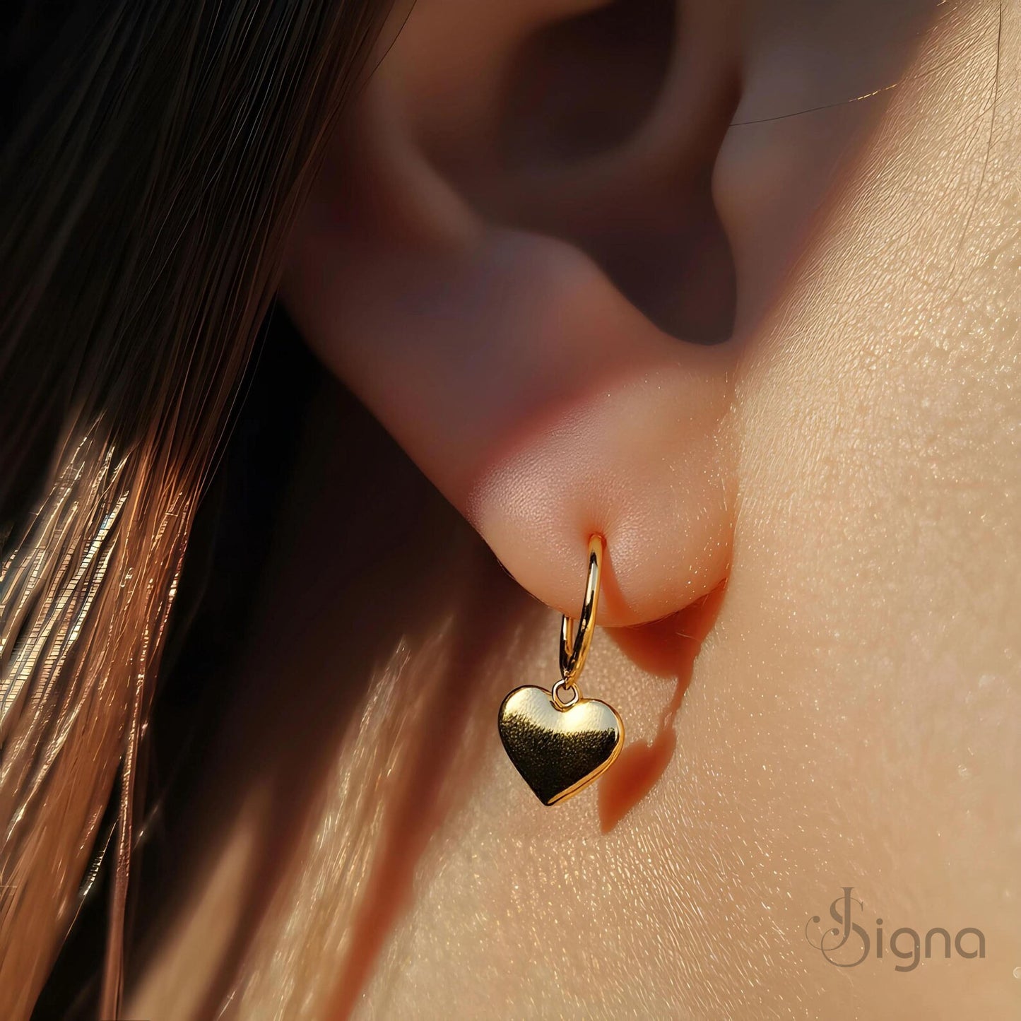 amora coquette style heart charm hoop earrings in gold finish