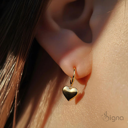 Amora coquette style heart charm hoop earrings in gold finish