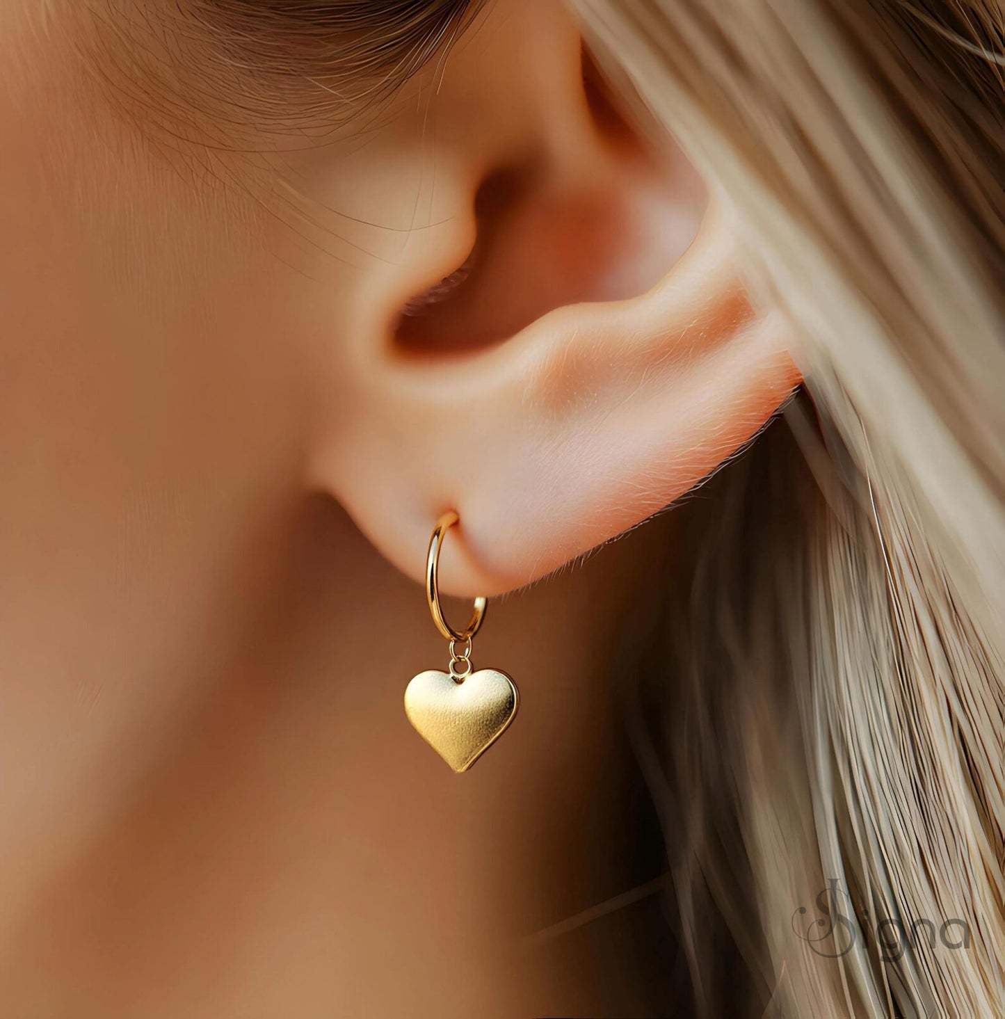 puff heart dangle huggie earrings in 18k gold plating