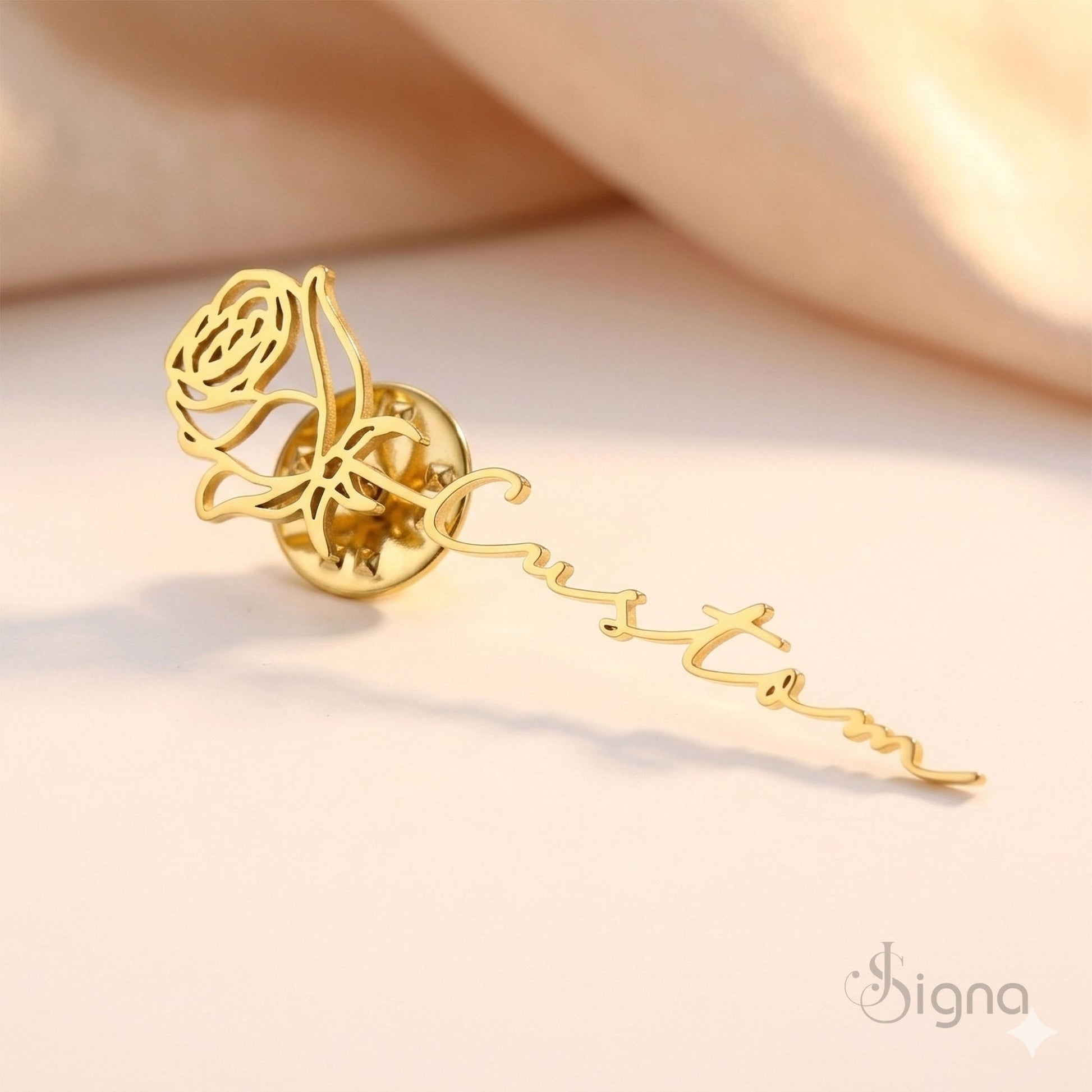 Signa™ Personalized Birth Flower Brooch Pin – Custom Name Gold Lapel Pin