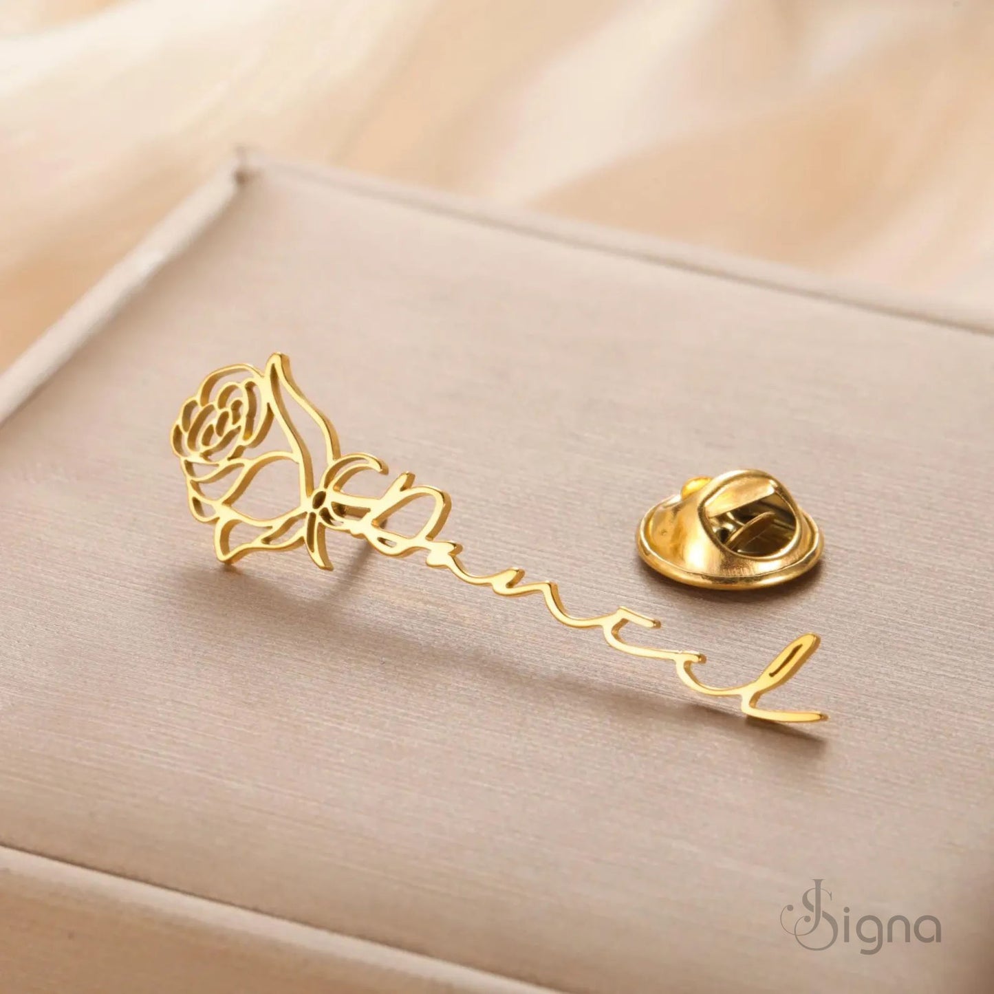 custom name birth flower lapel pin – minimalist gold suit brooch