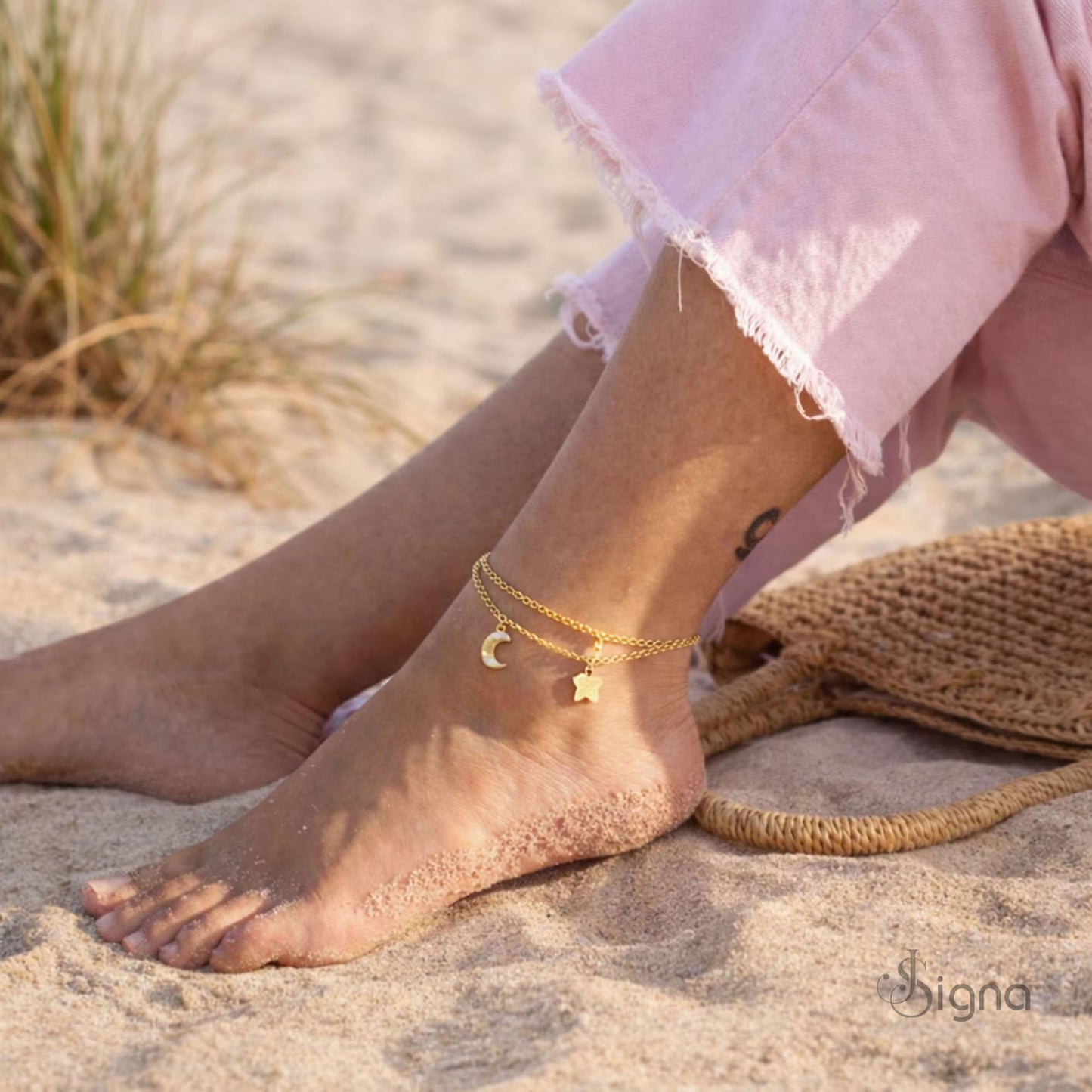 signa™ gold moon and star anklet – double chain dainty anklet for women