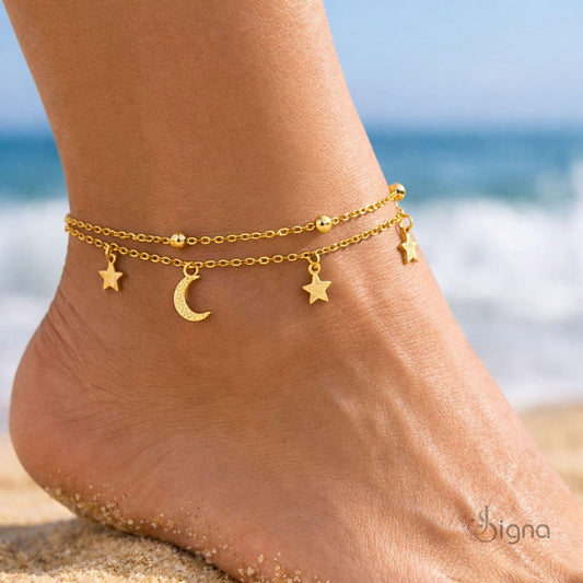 Signa™ Celestial Moon & Star Anklet – Double Layer Gold Charm Anklet for Women