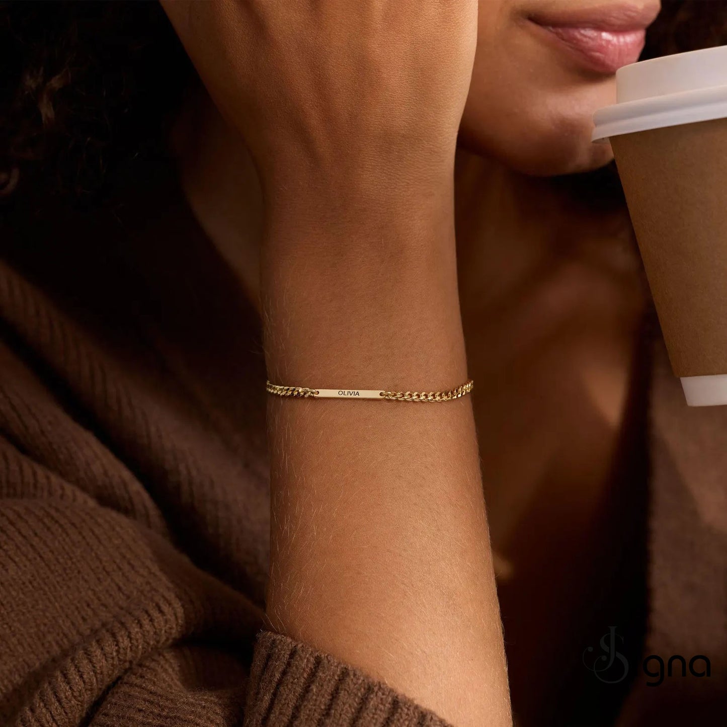 personalized gold name bar bracelet with engraved olivia on adjustable curb chain