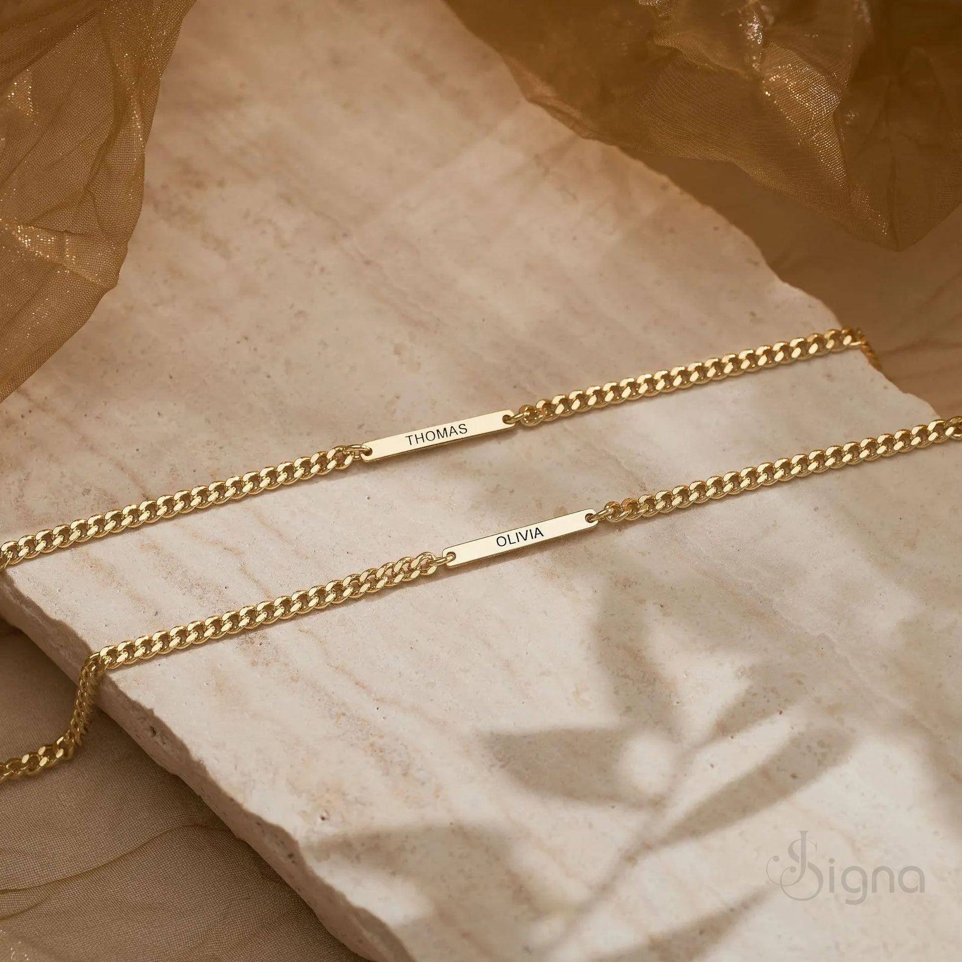 Custom gold plated name bracelet with horizontal bar and adjustable clasp