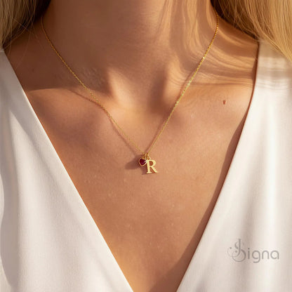 Signa™ Dainty Custom Initial Necklace with Heart Birthstone - Mothers Day Gift