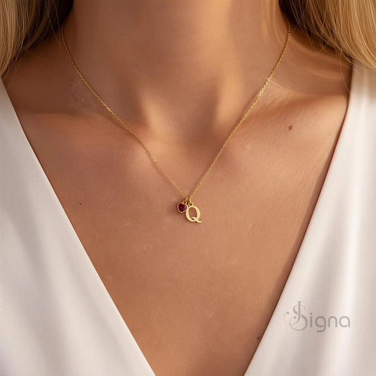 Signa™ Dainty Custom Initial Necklace with Heart Birthstone - Mothers Day Gift