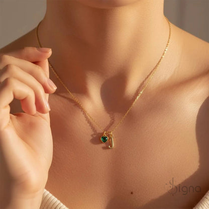 Signa™ Dainty Custom Initial Necklace with Heart Birthstone - Mothers Day Gift