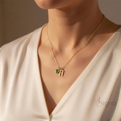Signa™ Dainty Custom Initial Necklace with Heart Birthstone - Mothers Day Gift