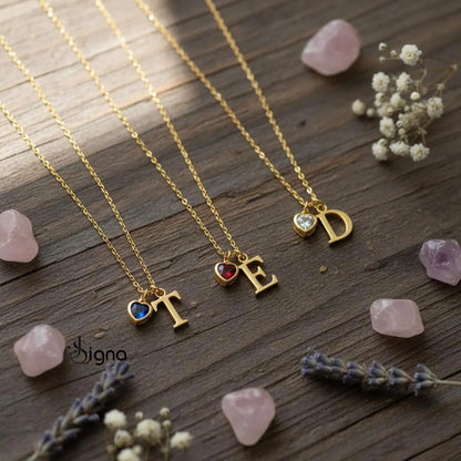 Signa™ Dainty Custom Initial Necklace with Heart Birthstone - Mothers Day Gift