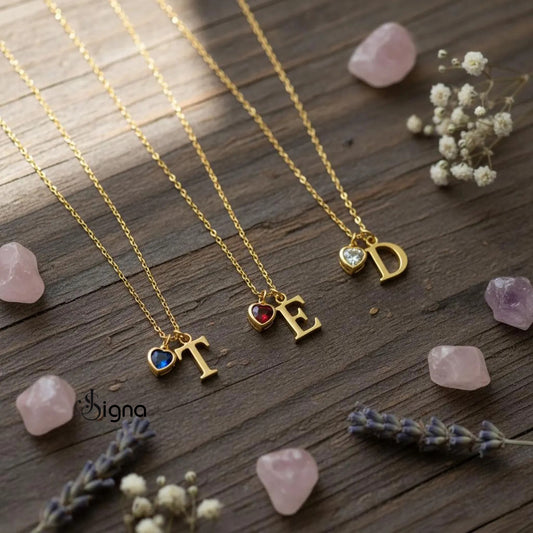 Signa™ Dainty Custom Initial Necklace with Heart Birthstone - Mothers Day Gift