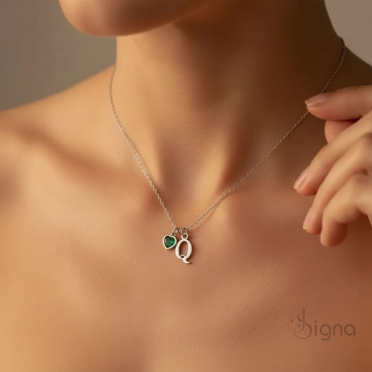 Signa™ Dainty Custom Initial Necklace with Heart Birthstone - Mothers Day Gift
