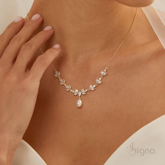 Signa Dainty Freshwater Pearl and Diamond Leaf Bridal Necklace Earrings Set Gold Finish