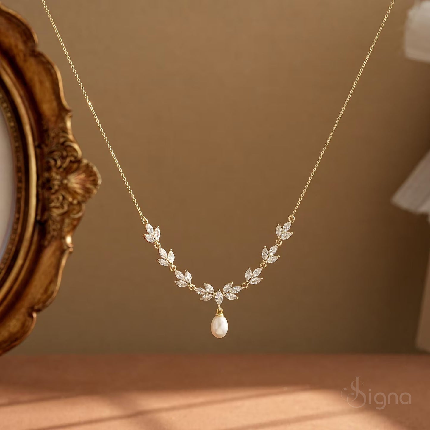 signa luxury pearl and diamond leaf wedding necklace  