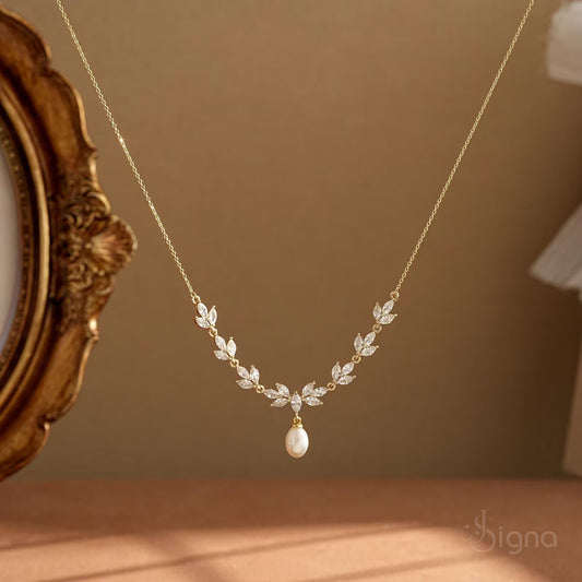 Signa Luxury Pearl and Diamond Leaf Wedding Necklace  