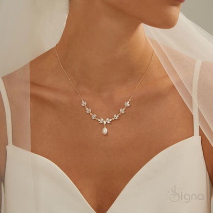 Dainty Pearl Drop Diamond Leaf Necklace Set with Matching Bridal Earrings