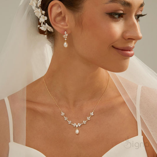 Elegant Pearl Drop Leaf Diamond Bridal Jewelry Set Necklace and Earrings