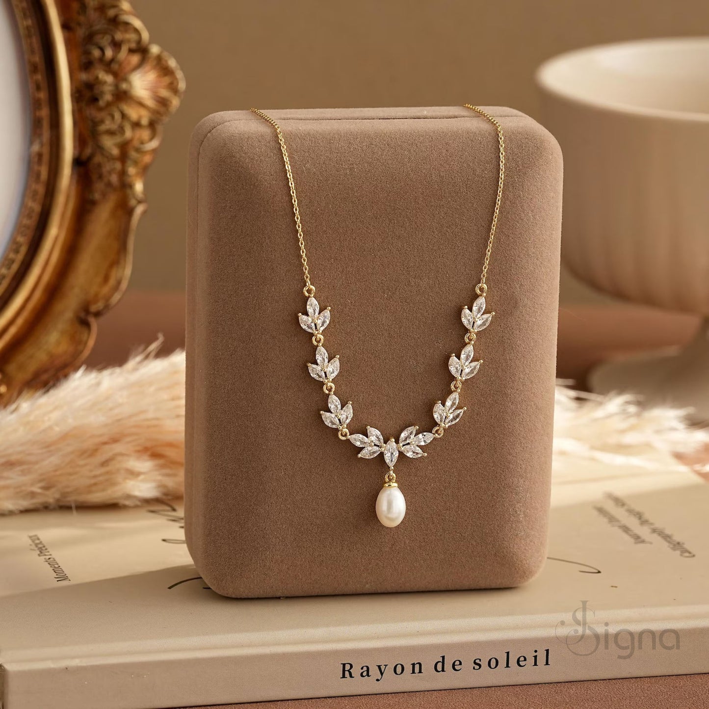 luxury gold leaf diamond pearl necklace earrings set for wedding bride