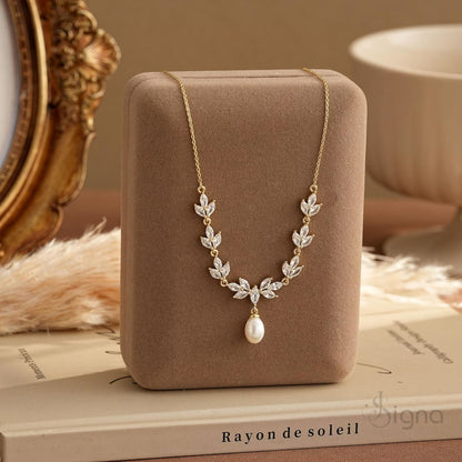 Luxury Gold Leaf Diamond Pearl Necklace Earrings Set for Wedding Bride
