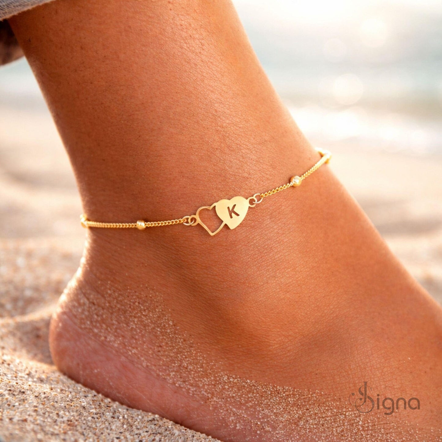 signa™ custom initial heart anklet – personalized letter charm bracelet for women