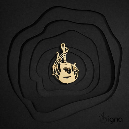 Guitar music brooch pin styled on blazer lapel for musicians and music lovers