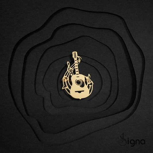 Guitar music brooch pin styled on blazer lapel for musicians and music lovers