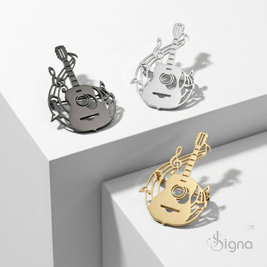 Detailed view of Signa guitar music brooch pin made from demi-fine German silver