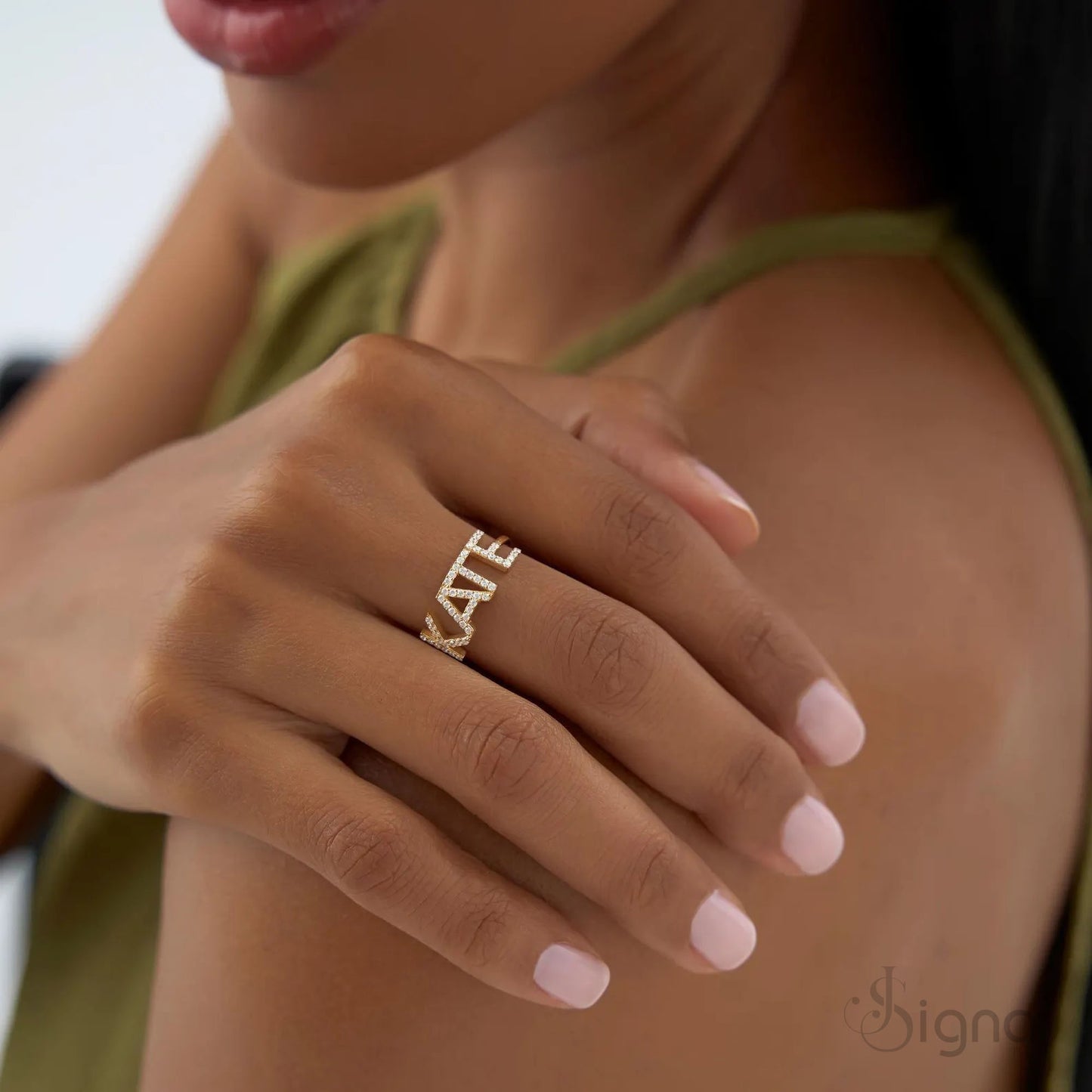 luxury custom name ring with crystal detailing