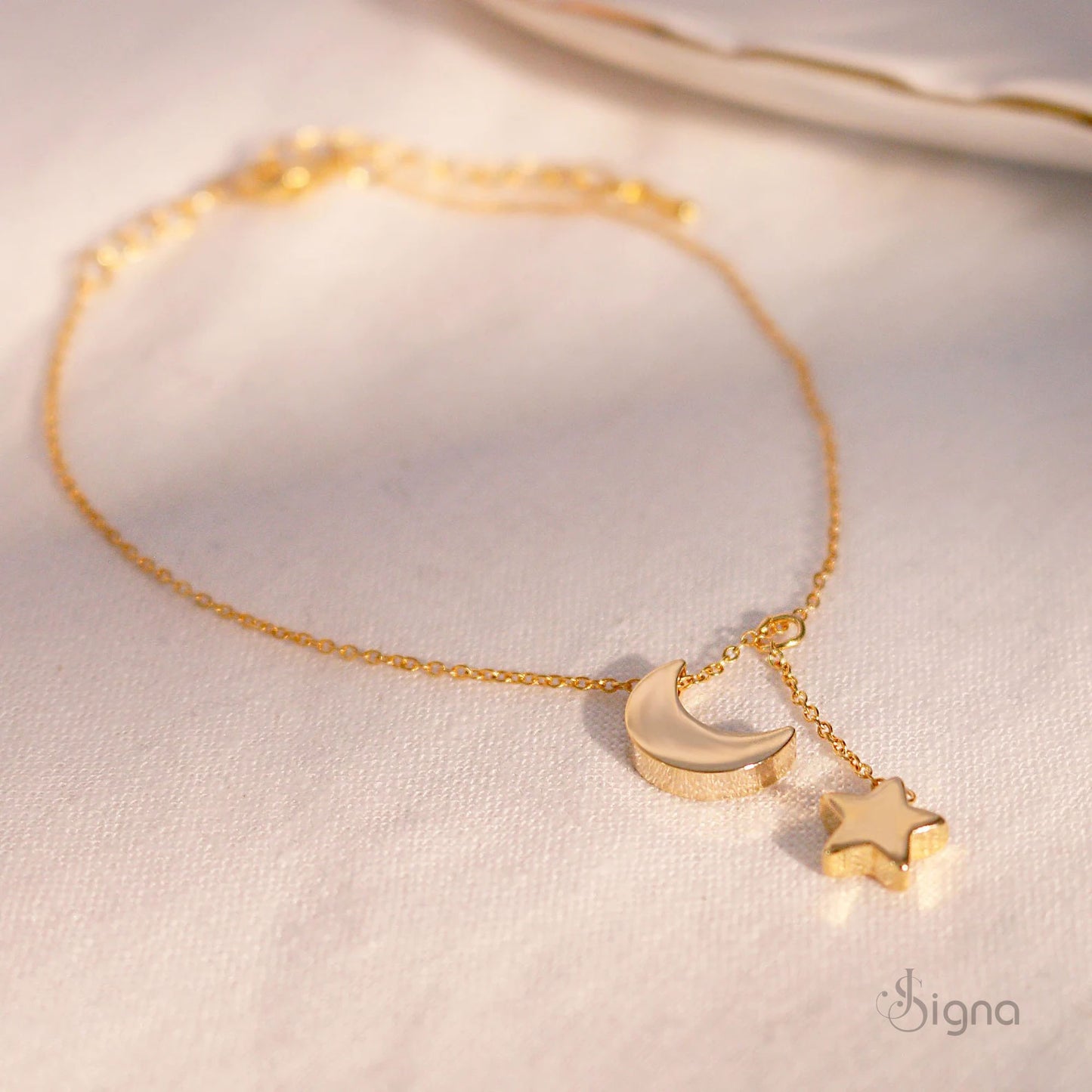 signa™ celestial drop anklet: handcrafted 18k gold plated moon & star dangle jewelry