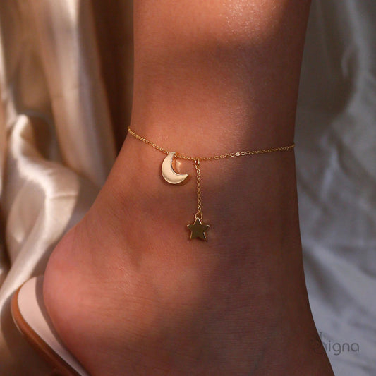 Gold Moon and Star Drop Anklet - 18k Gold Plated Celestial Dangle Foot Jewelry - Minimalist Starry Night Anklet