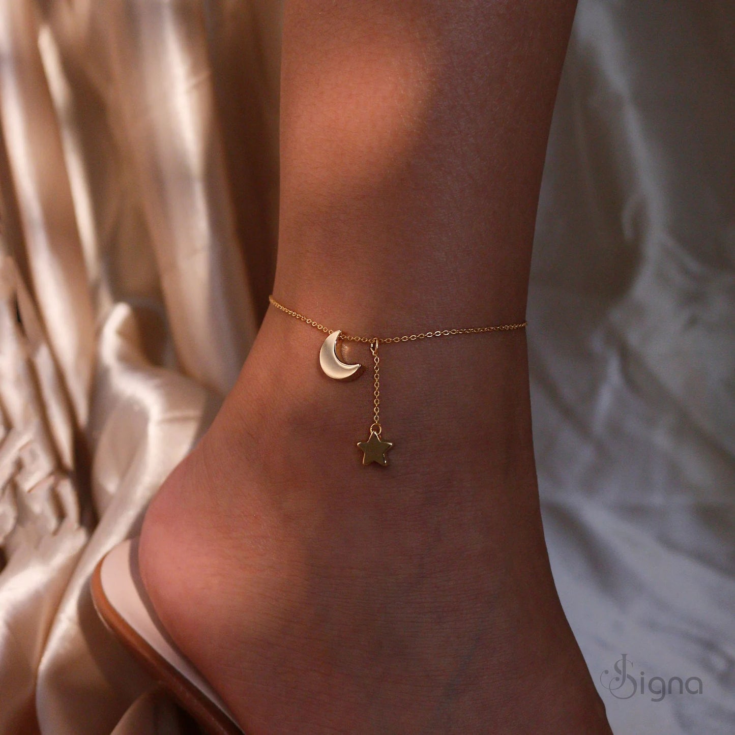 gold moon and star drop anklet - 18k gold plated celestial dangle foot jewelry - minimalist starry night anklet