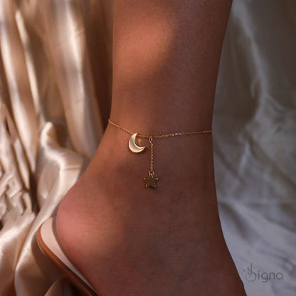 Gold Moon and Star Drop Anklet - 18k Gold Plated Celestial Dangle Foot Jewelry - Minimalist Starry Night Anklet