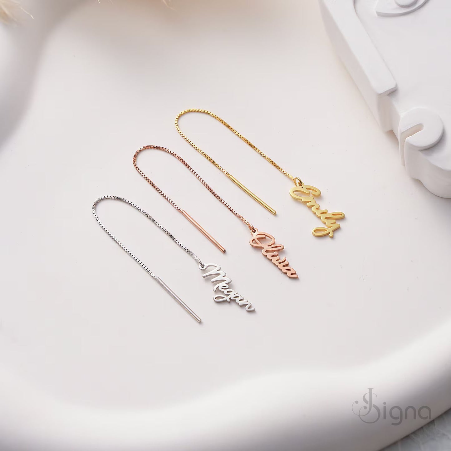personalized name drop earrings pull-through style for women