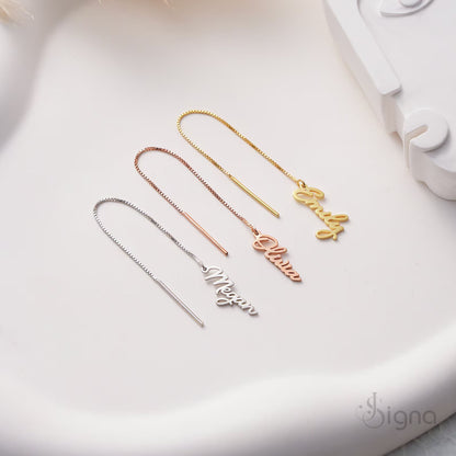 Personalized name drop earrings pull-through style for women