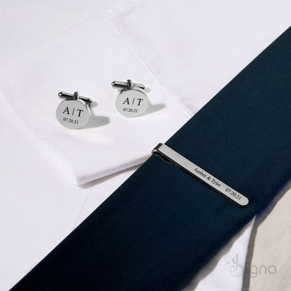 Signa™ Personalized Silver Cufflinks and Tie Clip Set with custom monogram engraving.